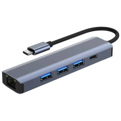Hub USB 5 en 1 Tipo-C/USB 3.0+Tipo C 100W+RJ45 Gris BYL-2302