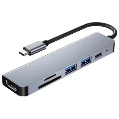 Hub USB BYL-2010 Gris 6 en 1 USB Tipo-C/HDMI+USB 3.0+USB 2.0+Tipo C+microSD+TF