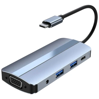 Hub USB BYL-2105 8 en 1 USB-C Plata con VGA HDMI microSD TF - USB 3.0 2.0 Tipo C