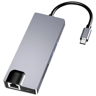 Hub USB-C 8 en 1 con HDMI, VGA, 2 USB 3.0, USB-C PD, SD/TF, RJ45 1000 Mbps