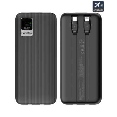 POWER BANK COOLBOX 20000mAh 20W con CABLES INTEGRADOS USB-C/LIGHTING NEGRO