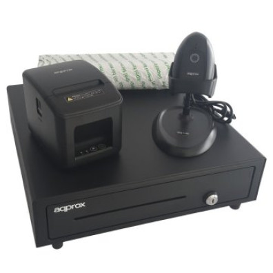 Kit TPV APPROX - Negro Cajon APPCASH01, Scanner APPLS11AS, Impresora POS80AM-USB, Papel CYT8060BPA