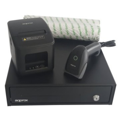 Kit TPV Approx Cajón Registrador Appcash33 Negro + Scan ApplS22 + Impresora Térmica Apppos80am-USB + Papel Cyt8060bpa