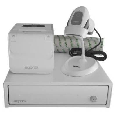 Kit TPV Cajón Blanco, Scanner LS22WH, Impresora POS80AMUSEWH, Papel CYT8060BPA
