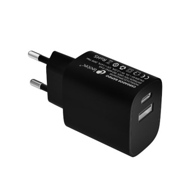 Cargador USB-C/PD + USB-A 20W Negro Leotec Pared/Viaje