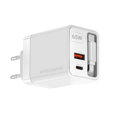 Cargador USB Mars Gaming MD-GAN65RW 65W - Blanco - Conexiones 1xUSB-C 1xUSB-A - Cable Retráctil PD