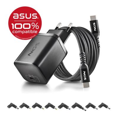 CARGADOR PARED ASUS 65W NEGRO NGS con Tecnología GaN + CABLE 1.5 M USB-C y 8 CLAVIJAS