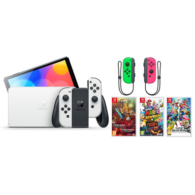 Nintendo Switch OLED (Blanca) + 3 Juegos + Joy Con (Verde/Rosa)