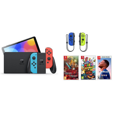 Nintendo Switch OLED (Neon Azul/Rojo) + 3 Juegos + Joy Con Set (Azul/Amarillo)