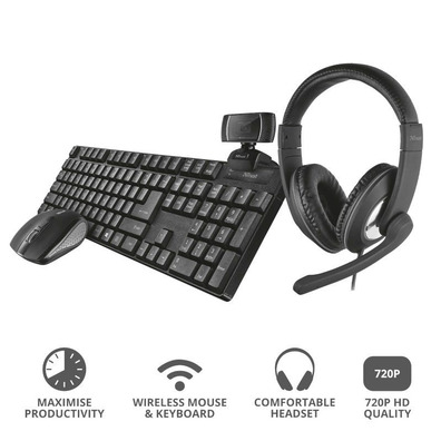 Pack 4 en 1 Trust QOBY Home Office Set (Webcam+Teclado+Ratón+Auriculares)