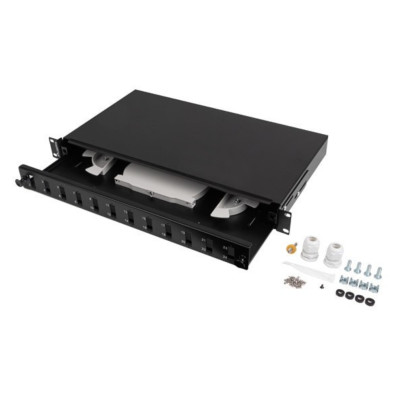 PANEL DE CONEXIÓN DE FIBRA 12XSC DUPLEX / 12XLC QUAD NEGRO + ACCESORIOS PARA MONTAJE