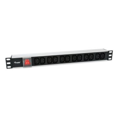 Toma de corriente de aluminio para rack 19" 1U con 12 tomas IEC C13 y interruptor - Cable de 1.8m
