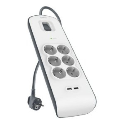 Regleta de Alimentación Belkin BSV604VF2M-V2 con Protección contra Sobretensiones y 6 Tomas + 2 USB-A 2,4 Botón