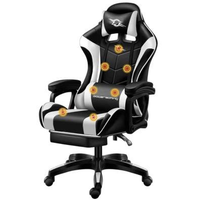Silla Gaming PowerGaming con Masaje 7 puntos en Blanco/Negro Reposapiés