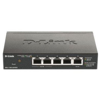 Switch D-Link DGS-1100-05PDV2 Semigestionable 5P Giga 2P PoE (18W) 1xPD Port Para PoE Passthrough No