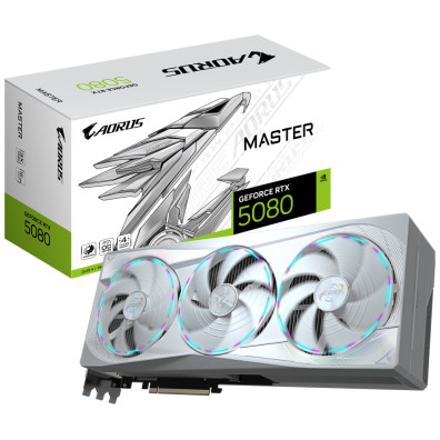 GIGABYTE AORUS GeForce RTX 5080 MASTER ICE 16G Tarjeta Gráfica - 16GB GDDR7, 256 bits, PCI-E 5.0, 2805MHz Core Clock, 3 x DP 2.1a, 1 x HDMI 2.1b, NVIDIA DLSS 4, GV-N5080AORUSM ICE-16GD