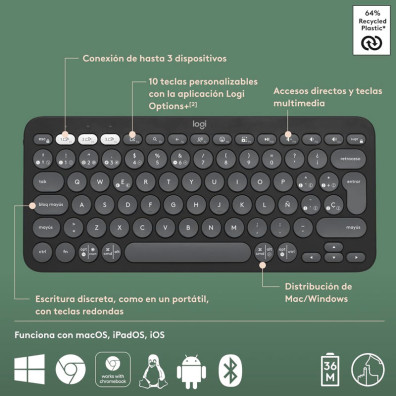 Teclado Bluetooh Logitech Pebble Keys 2 K380S Grafito