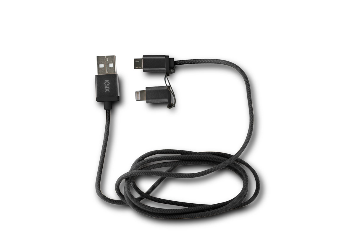 CABLE DATOS Y CARGA 2 EN 1 MICRO USB CON ADAPTADOR LIGHTNING METALIZADO NEGRO