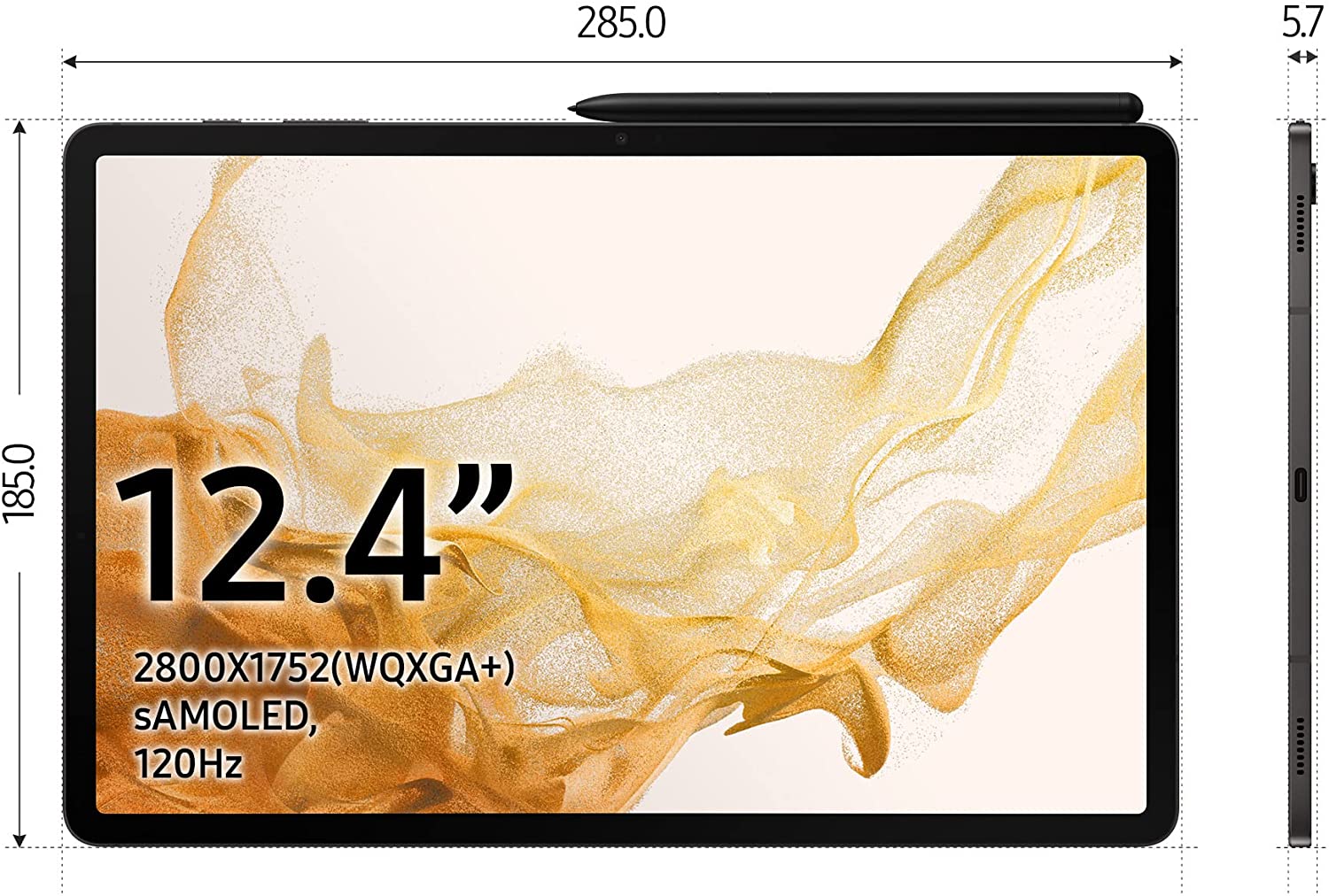 Samsung Galaxy Tab S8+ - Tableta Android con pantalla AMOLED grande de 12.4  pulgadas, almacenamiento de 128GB, Wi-Fi 6E, cámara ultra ancha, S Pen
